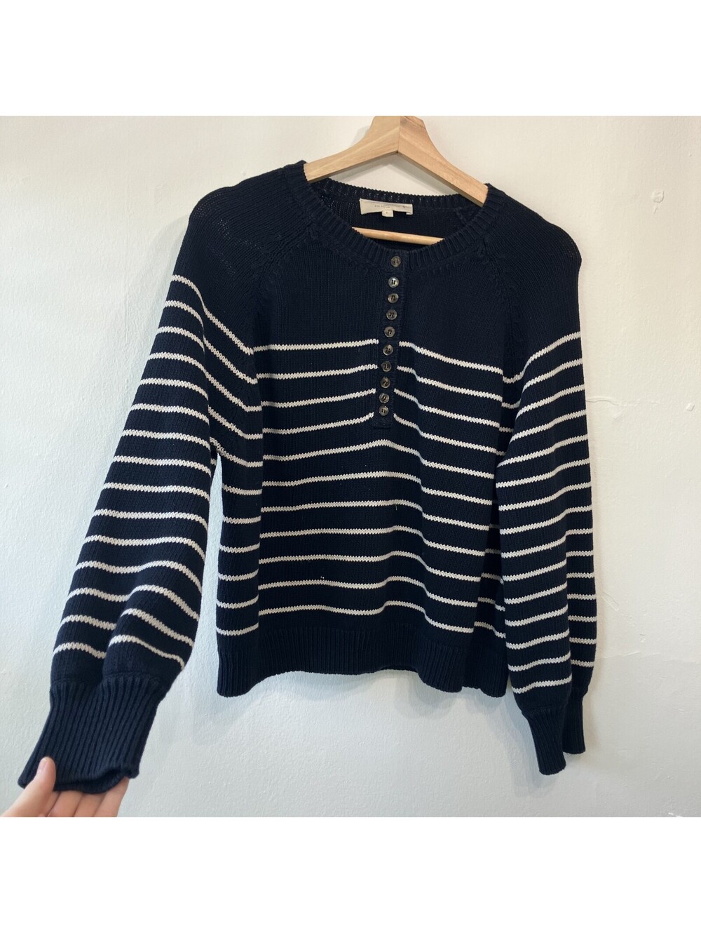 Sezane La Maille Nautical Henley Balloon Slv Sweater Luxe Parisian Small FLAW